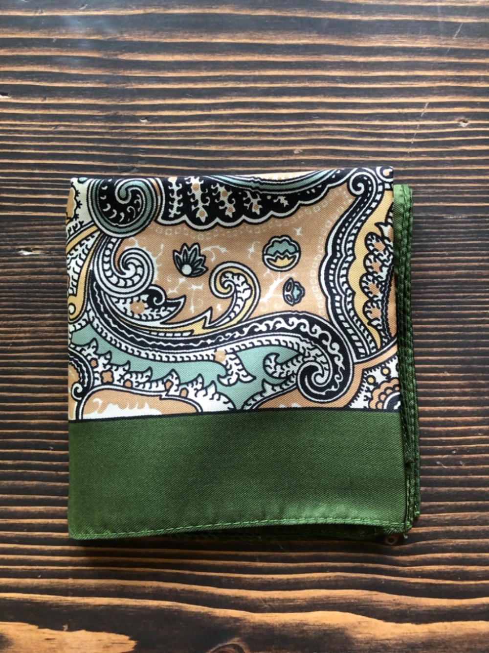 Green Cream Silk Scarf 17 Inches Square by London of Liberty - Picture 12 of 12